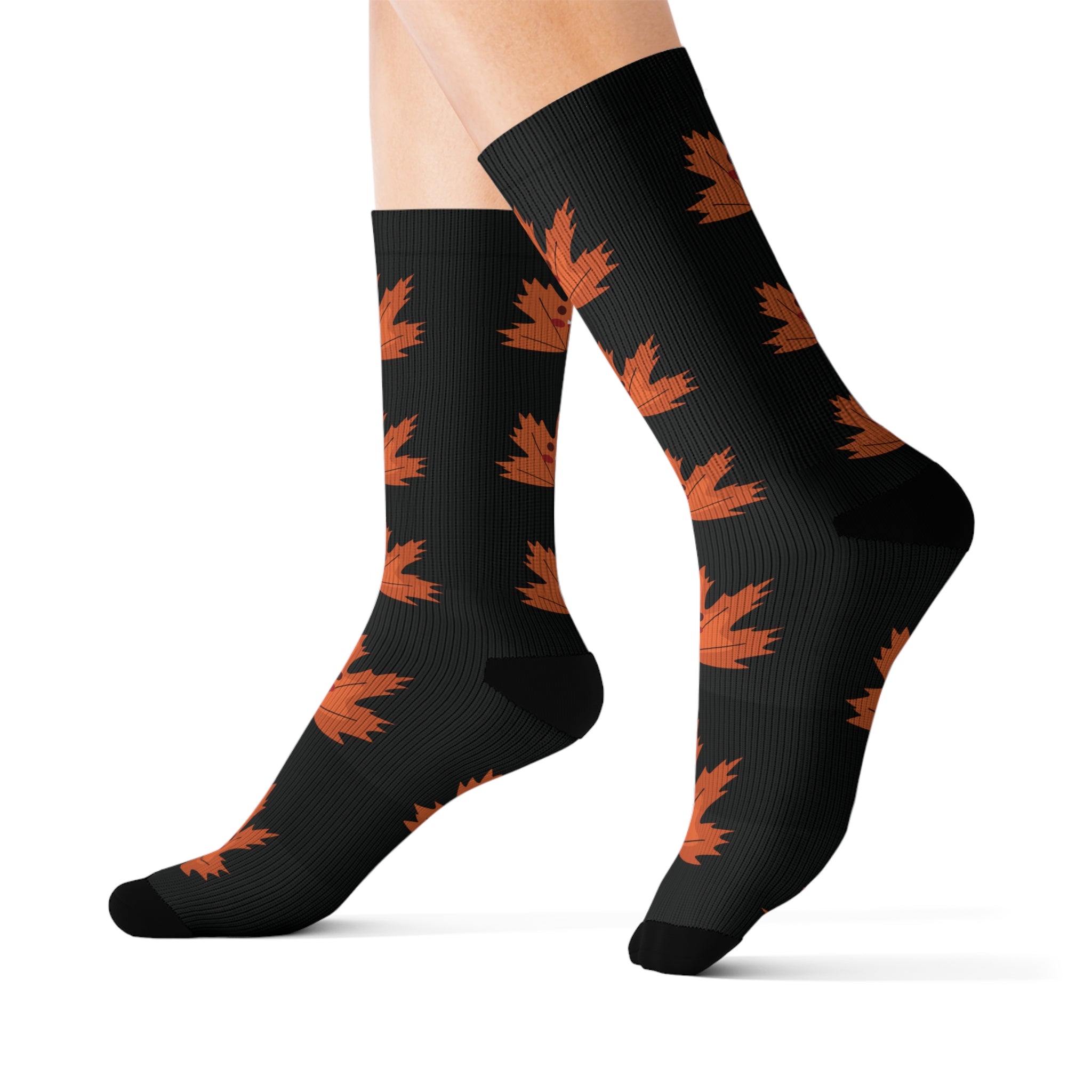 Cute Autumn Leaf Sublimation Socks- Black