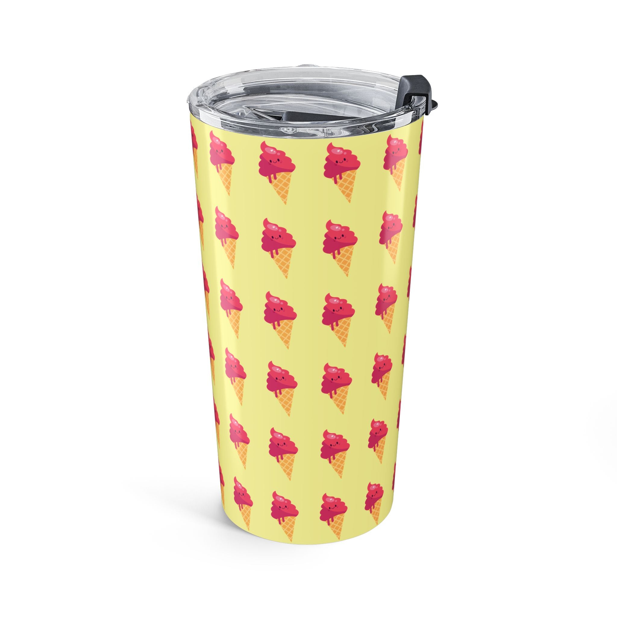 Pink Ice Cream Cone Tumbler – Pink Summer Scoop Pattern Stainless Travel Cup - Butter Yellow Background