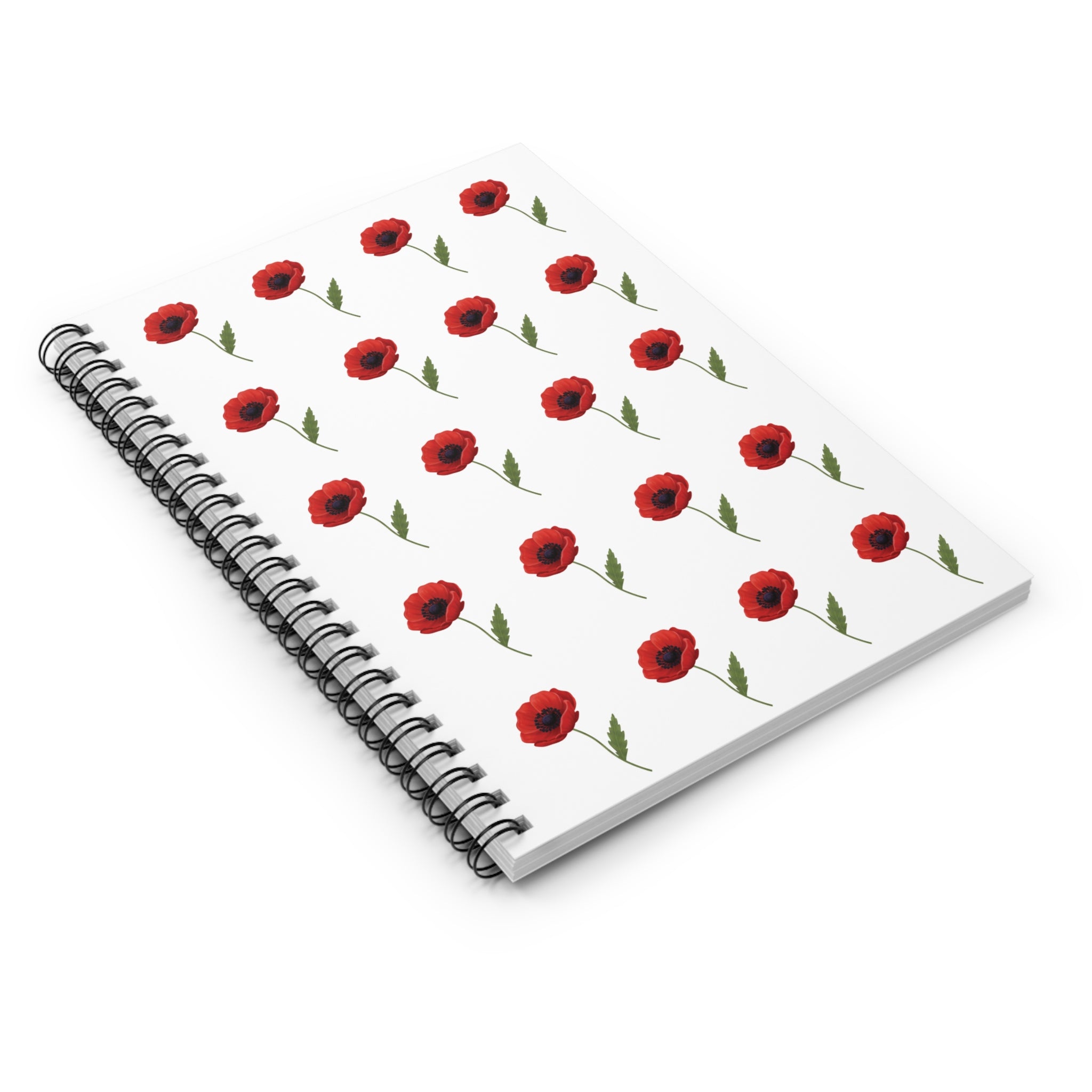 Poppy Pattern Spiral Notebook — Floral Ruled Journal - White Cover