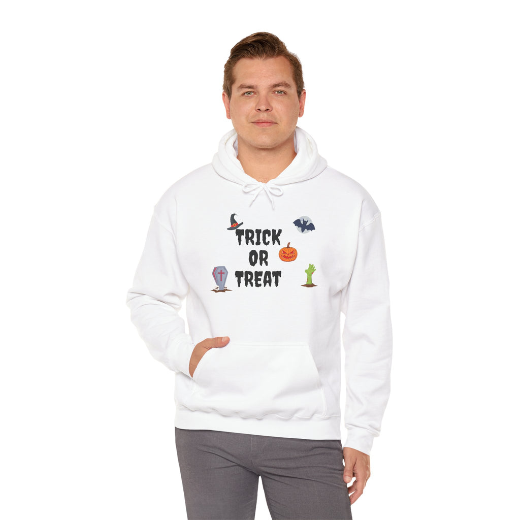 Trick or Treat Unisex Heavy Blend™ Hooded Sweatshirt White & Black (Purple Letters)